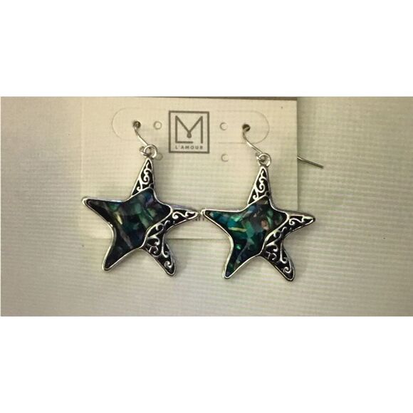Pretty New Silver & Genuine Abalone Shell Starfish Dangle Earrings - Picture 1 of 1